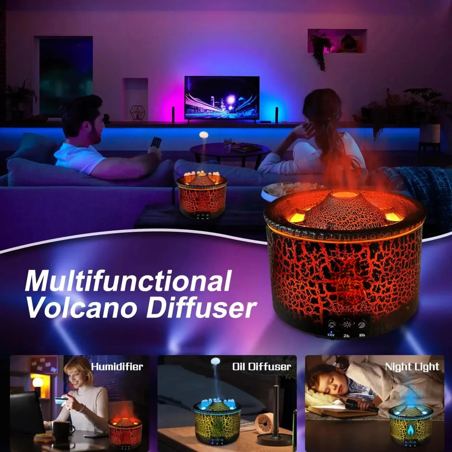 Essential Oil Diffuser Humidifier Diffuser Aromatherapy Volcano Humidifier with Flame & Volcano Mist 2 Colors Timer