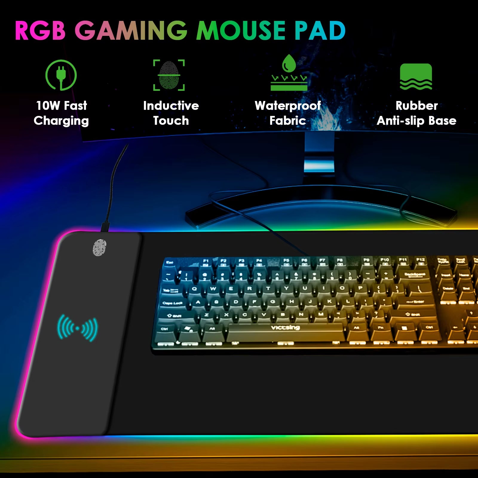 Wireless RGB Gaming Mouse Pad with Wireless Charging and 10 Light Modes - Extra Large Non-Slip Desk Mat for Keyboard