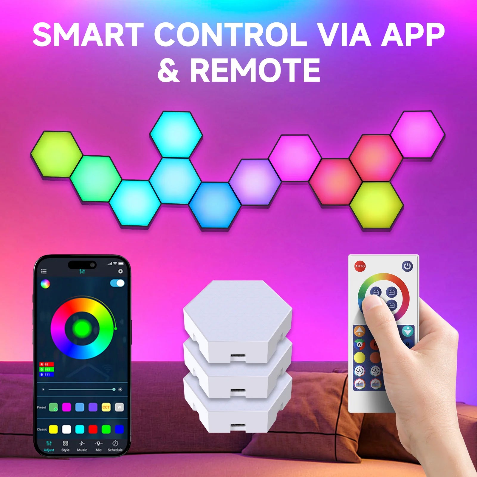 Hexagon Light Panels,Music Sync RGB Hexagon LED Lights Gaming Lights with APP & Remote Control for Home Decor Gaming