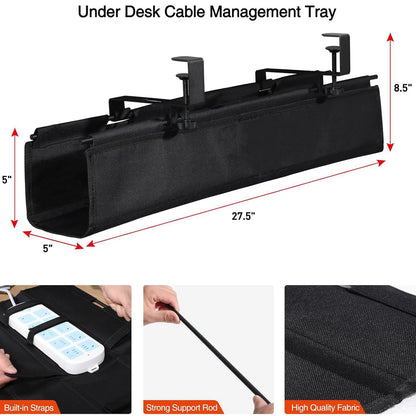 Under Desk Cable Management Box Hidden Cord Organizer with Strong C Clamp for Office Home Black Fabric
