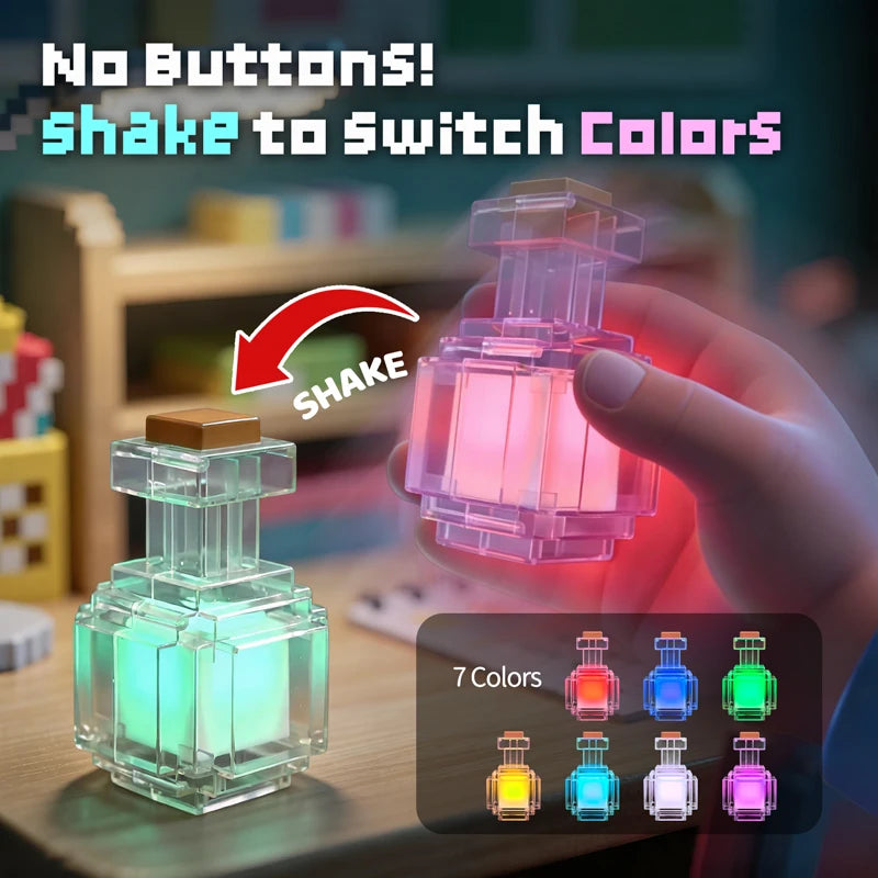 MC Game Potion Bottle Light Rechargeable Medicine Bottle LED Night Light Table Lamps 7 Colors Pixel Style for Kids Bedside Lamp