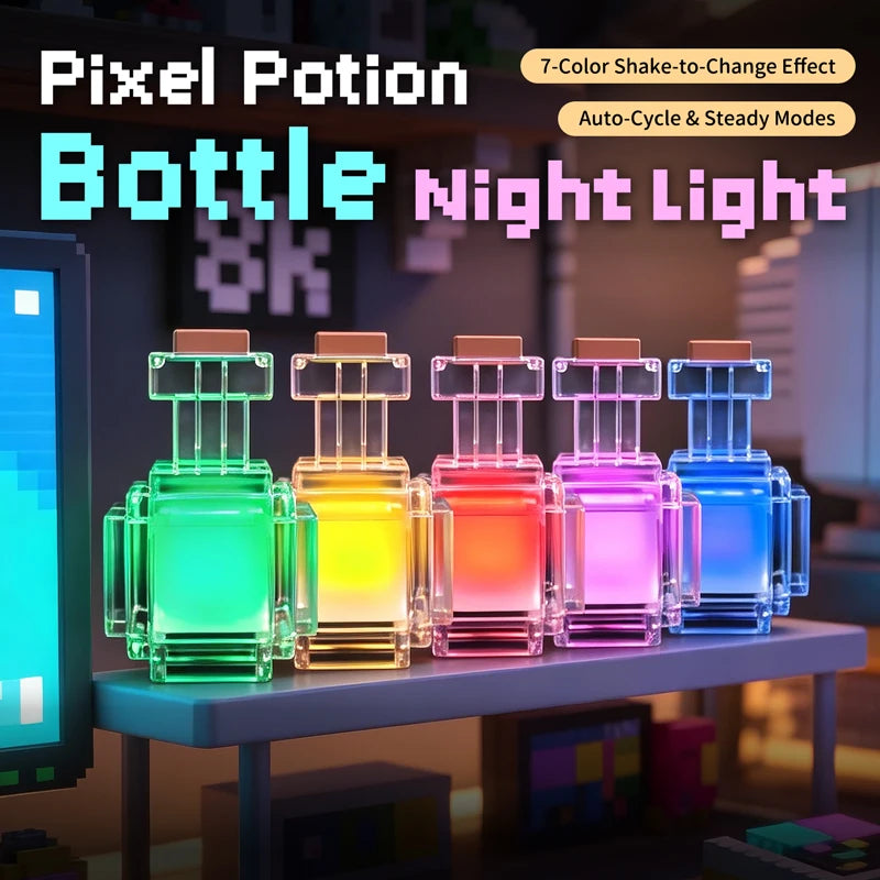 MC Game Potion Bottle Light Rechargeable Medicine Bottle LED Night Light Table Lamps 7 Colors Pixel Style for Kids Bedside Lamp