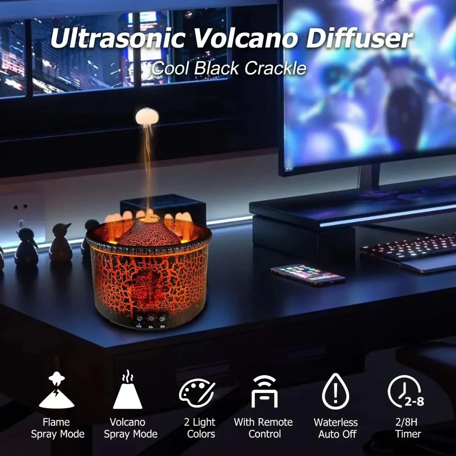 Essential Oil Diffuser Humidifier Diffuser Aromatherapy Volcano Humidifier with Flame & Volcano Mist 2 Colors Timer