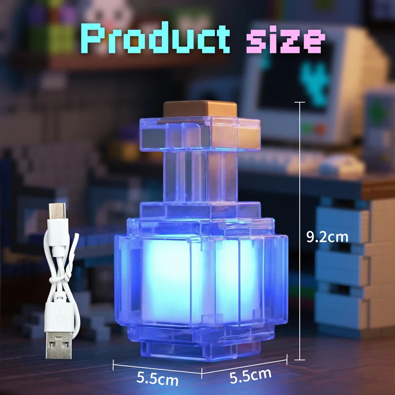 MC Game Potion Bottle Light Rechargeable Medicine Bottle LED Night Light Table Lamps 7 Colors Pixel Style for Kids Bedside Lamp